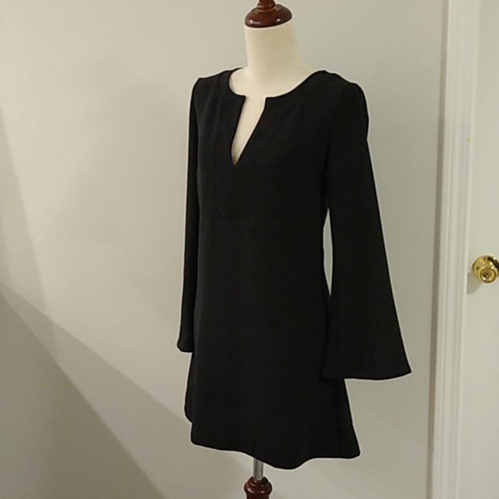 Zara Basic black mini dress notch neck bell sleeve